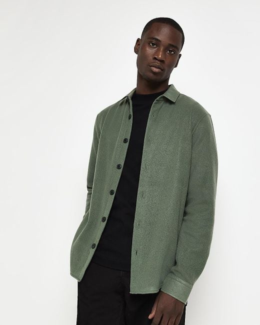 River Island Khaki Regular Fit Fleece Shacket in Green for Men | Lyst