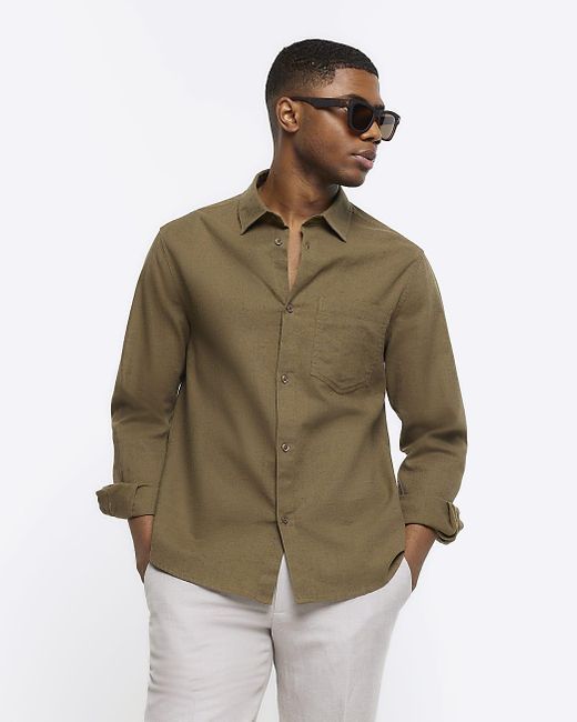River Island Green Khaki Regular Fit Linen Blend Shirt for men