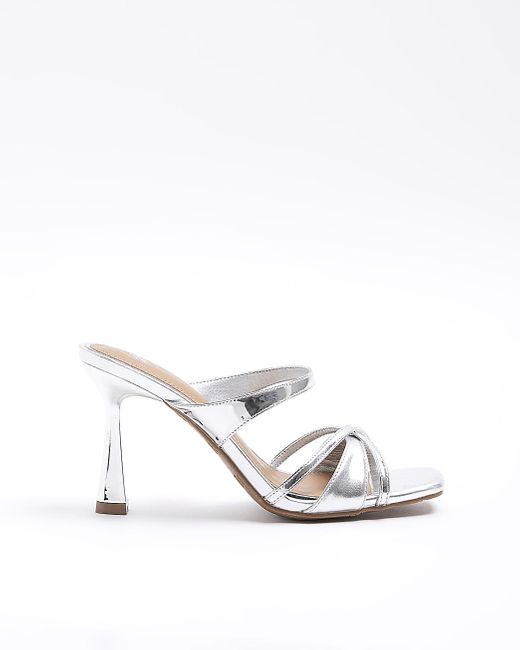 River Island White Silver Cross Strap Heeled Mule Sandals