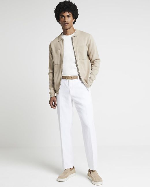 River Island White Beige Regular Fit Knitted Zip Up Shirt for men