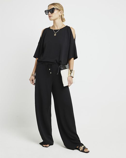 River Island Black Textured Wide Leg Trousers