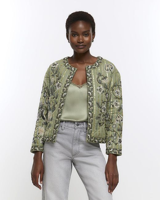 River Island Green Khaki Quilted Embroidered Floral Jacket