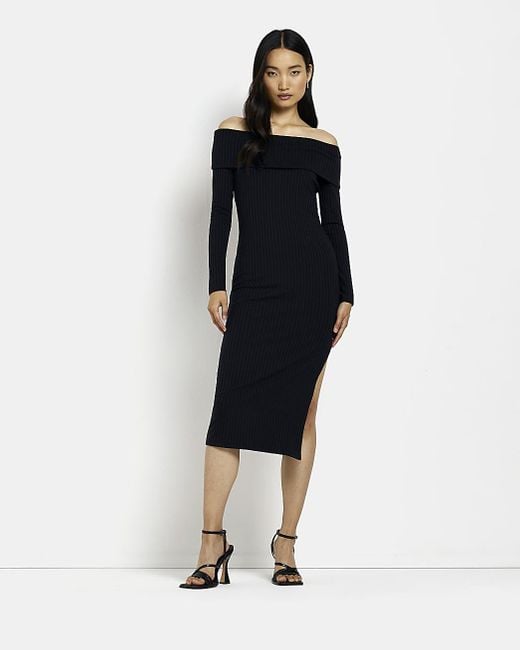 River Island Cotton Long Sleeve Bardot Midi Bodycon Dress In Black Lyst