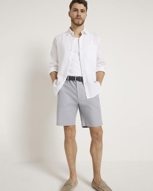 River Island White Blue Slim Fit Chino Smart Shorts for men