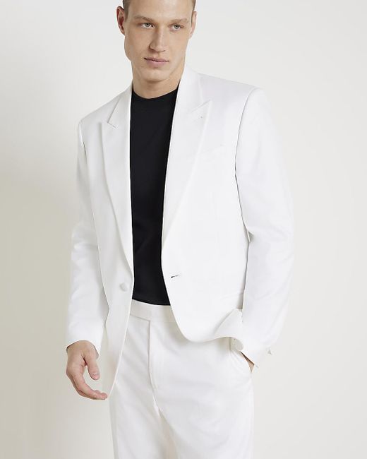 River Island White Slim Fit Tuxedo Suit Jacket for men