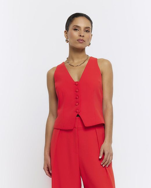 River Island Petite Red Button Front Waistcoat