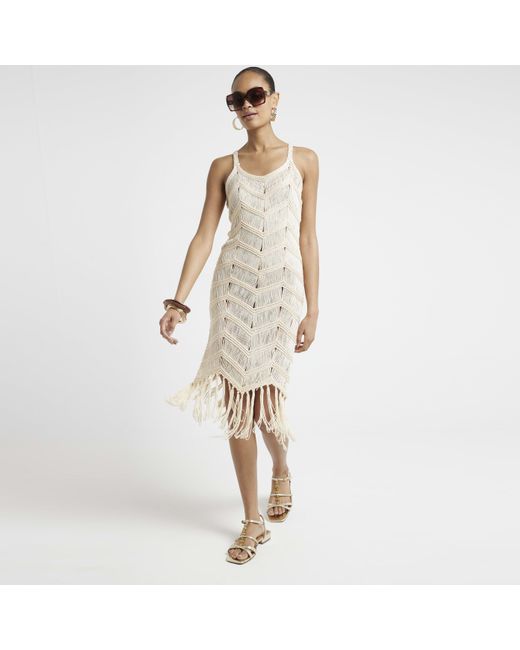 River Island White Cream Crochet Fringe Hem Bodycon Midi Dress