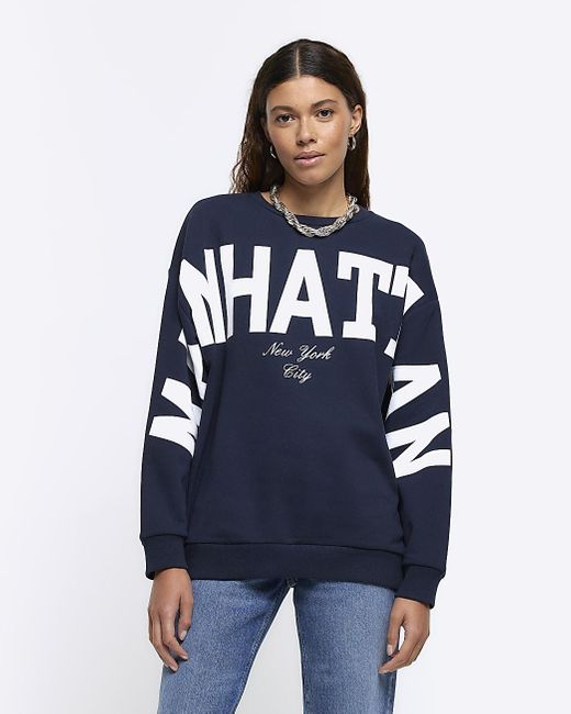 River Island Blue Navy Manhattan Graphic Sweatshirt