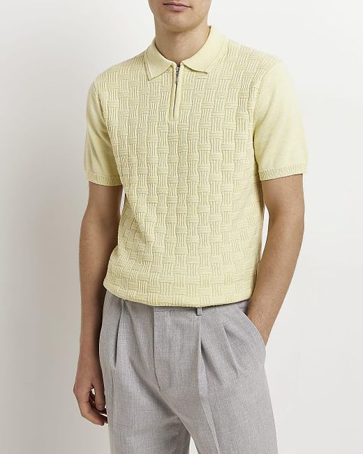 River Island Yellow Slim Fit Textured Knit Polo Shirt for men
