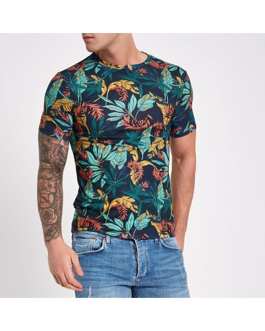 River Island Blue Muscle Fit Tropical Print T-shirt for men