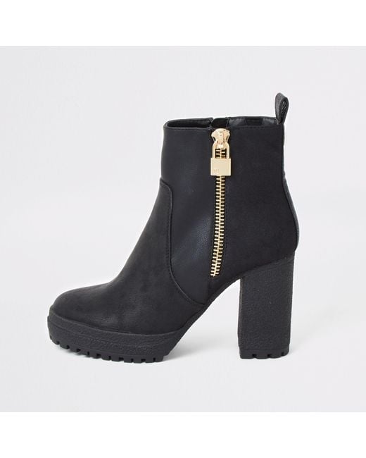 River Island Black Faux Leather Chunky Heel Ankle Boots