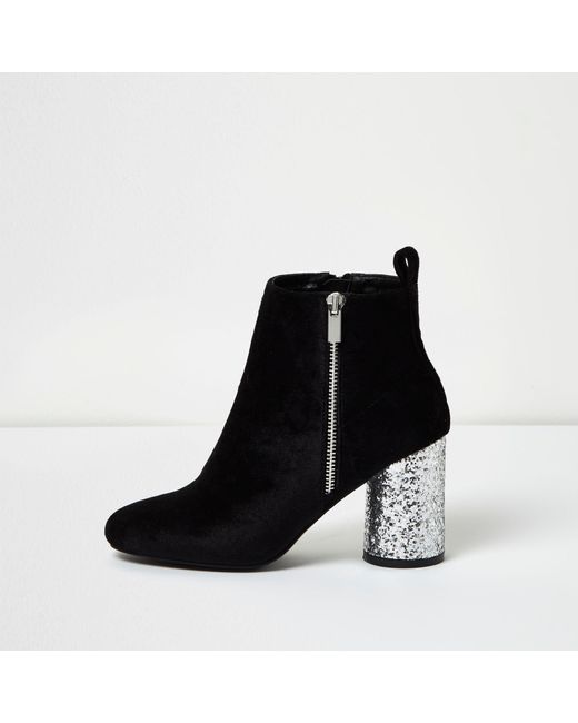 River Island Velvet Glitter Heel Ankle Boots in Black Lyst UK