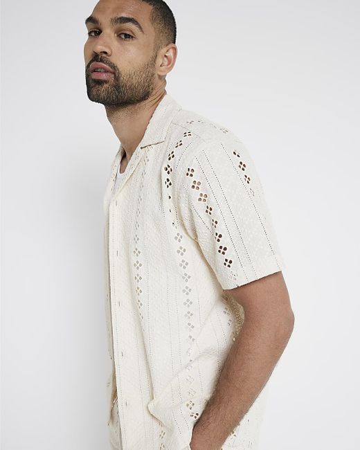 River Island White Ecru Regular Fit Crochet Revere Shirt for men