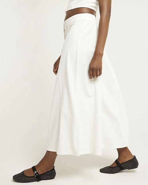 River Island White Denim Button Up Midi Skirt