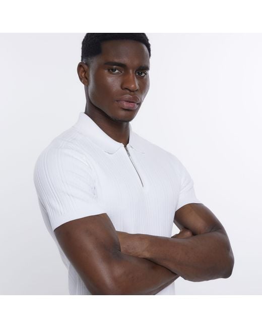 River Island White Muscle Fit Ribbed Half Zip Polo Shirt for men