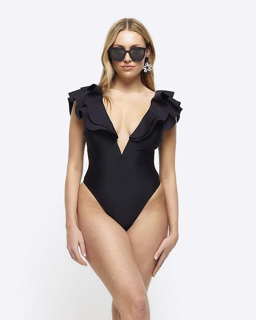 River Island Blue Frill Plunge Swimsuit