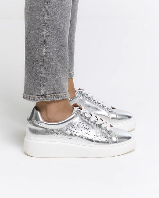 River Island Silver Laser Cut Flatform Trainers in White | Lyst