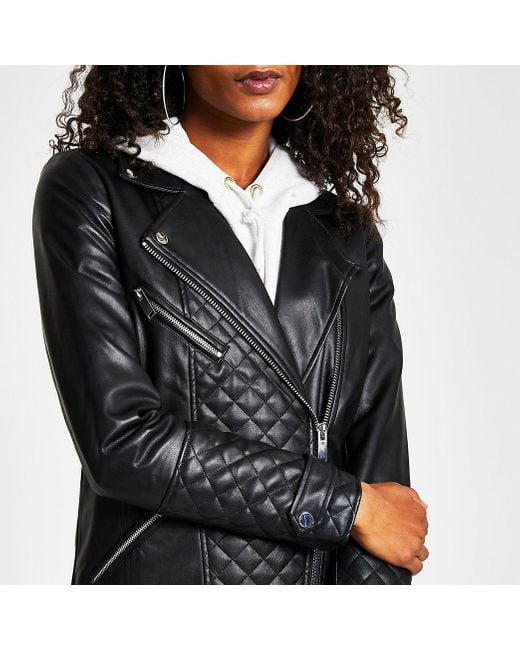 River Island Leather Black Longline Pu Quilted Biker Jacket Lyst