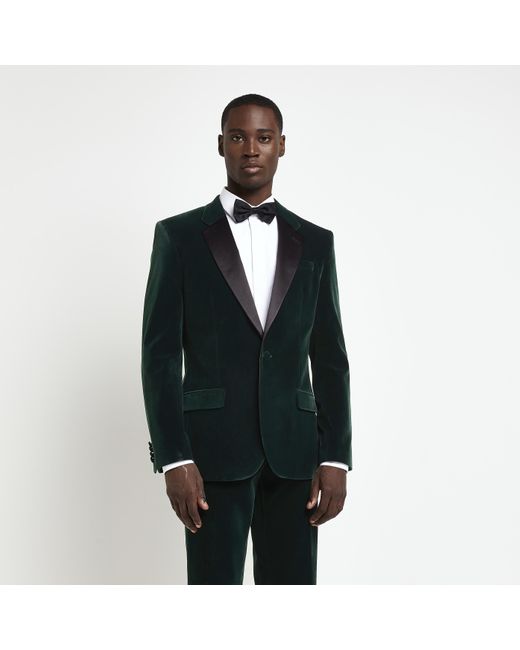 River Island Black Dark Green Velvet Tuxedo Slim Suit Jacket for men