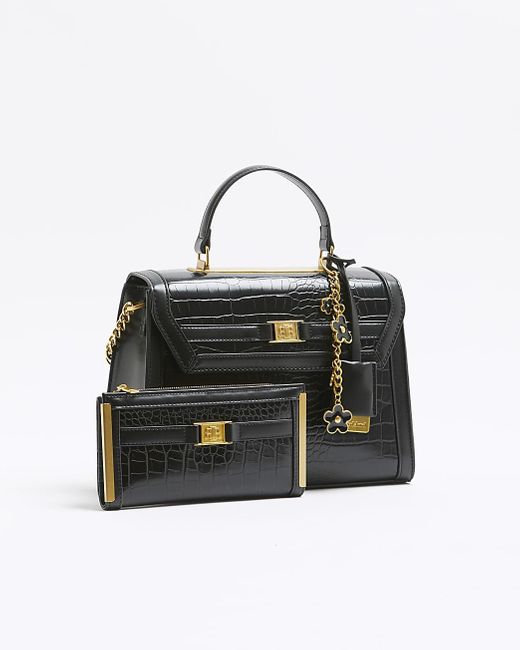 River island black croc embossed bag cheap