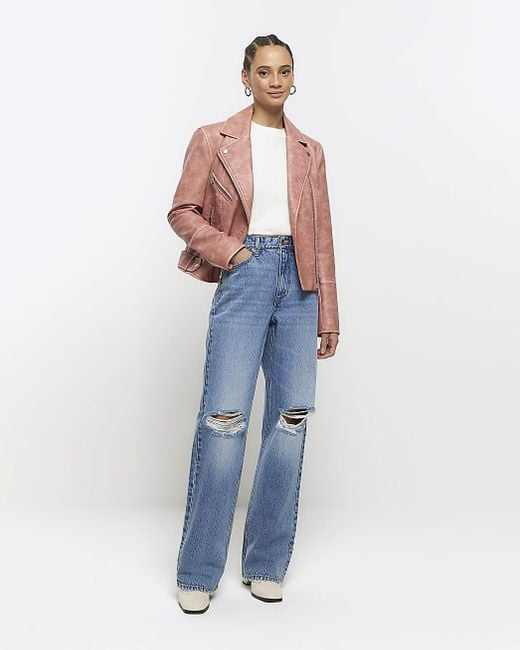River Island White Pink Faux Leather Distressed Biker Jacket