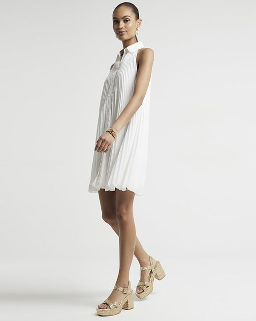 River Island White Plisse Sleeveless Mini Shirt Dress
