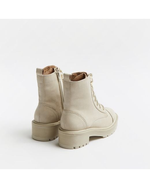 River Island Cream Wide Fit Leather Biker Boots in Natural | Lyst UK