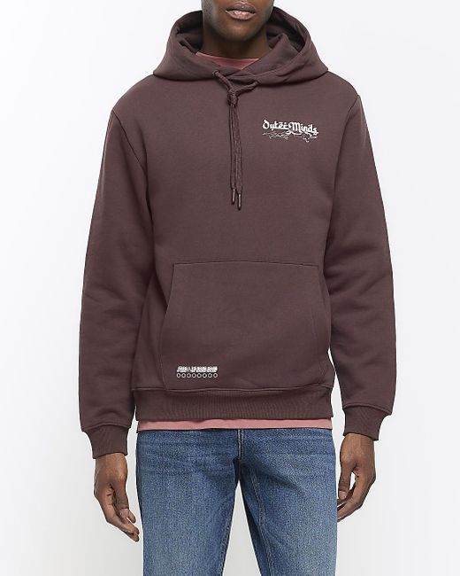 River Island Brown Washed Graphic Hoodie for men