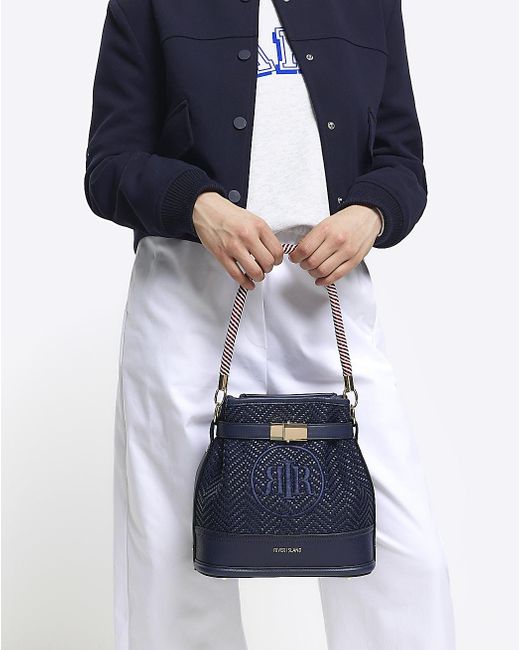 River Island Blue Weave Embroidered Bucket Cross Body Bag