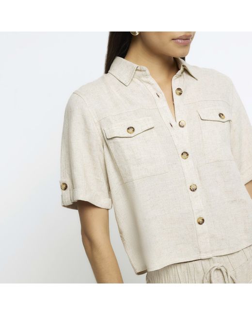 River Island White Beige Utility Cropped Shirt With Linen