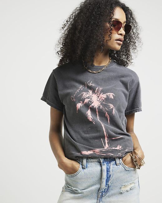 River Island Multicolor Grey Palm Tree Graphic T-shirt