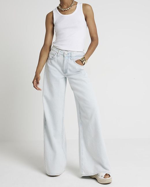 River Island White Mid Rise Elastic Back Wide Fit Jeans