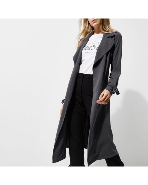 River Island Gray Dark Grey Belted Duster Trench Coat
