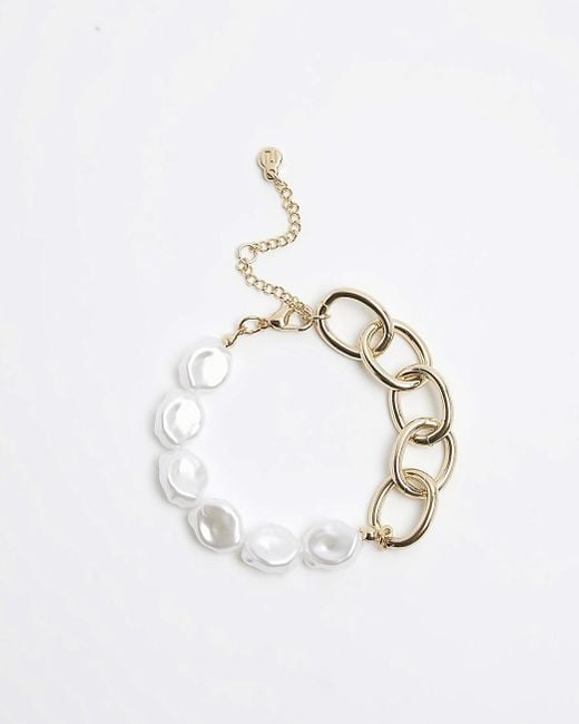River Island White Gold Pearl Chain Bracelet