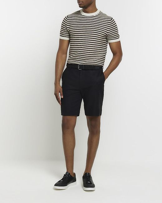 River Island Black Slim Fit Belted Chino Shorts for men