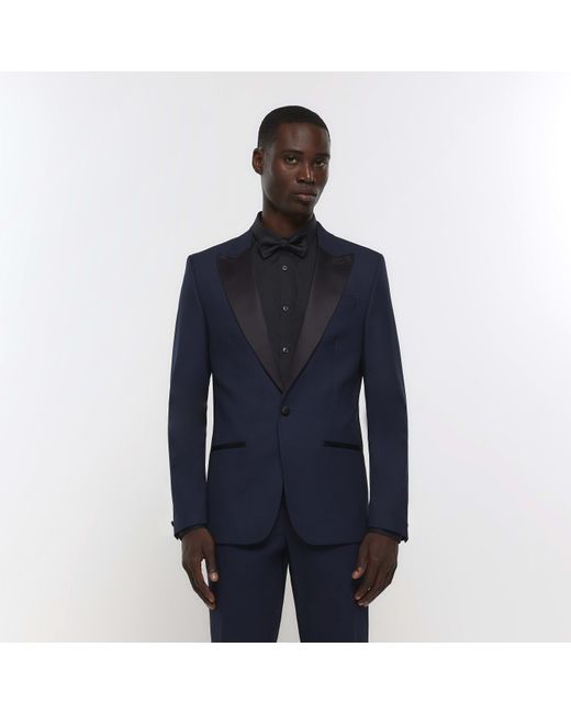 River Island Blue Navy Slim Fit Tuxedo Suit Jacket for men