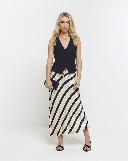 River Island White Petite Black Satin Stripe Midi Skirt