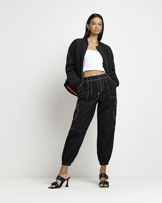 River Island Blue Black Mid Rise Tapered Parachute Trousers