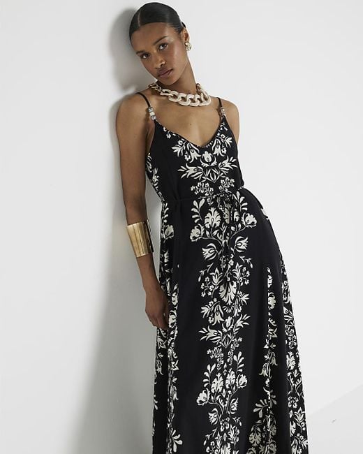 River Island White Black Floral Beaded Swing Maxi Dress