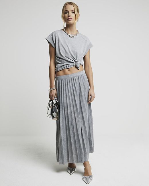 River Island White Grey Pleated Midi Skirt