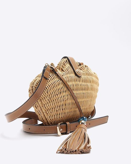 River Island Natural Beige Straw Basket Cross Body Bag