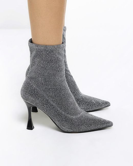 River Island Gray Silver Wide Fit Glitter Heeled Ankle Boots