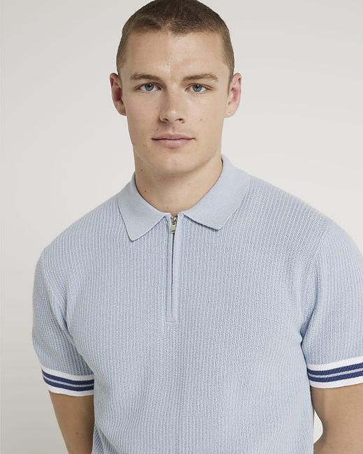 River Island Blue Knitted Polo Shirt for men