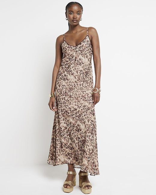 River Island Natural Beige Leopard Print Sequin Slip Maxi Dress
