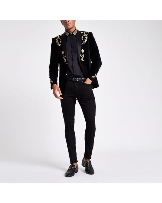 River Island Black And Gold Embroidered Skinny Fit Blazer for men