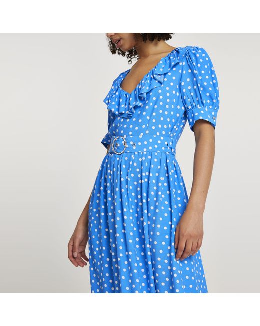 River Island Blue Belted Spot Print Frill Hem Midi Dress | Lyst Canada