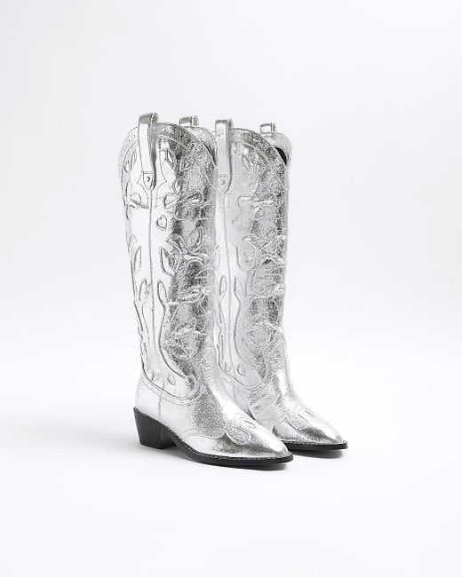 River Island White Silver Western Knee High Boots