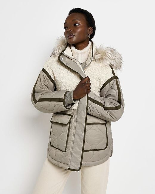 River Island Khaki Borg Quilted Jacket in Green | Lyst