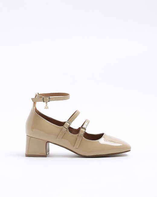 River Island White Beige Strappy Block Heeled Court Shoes