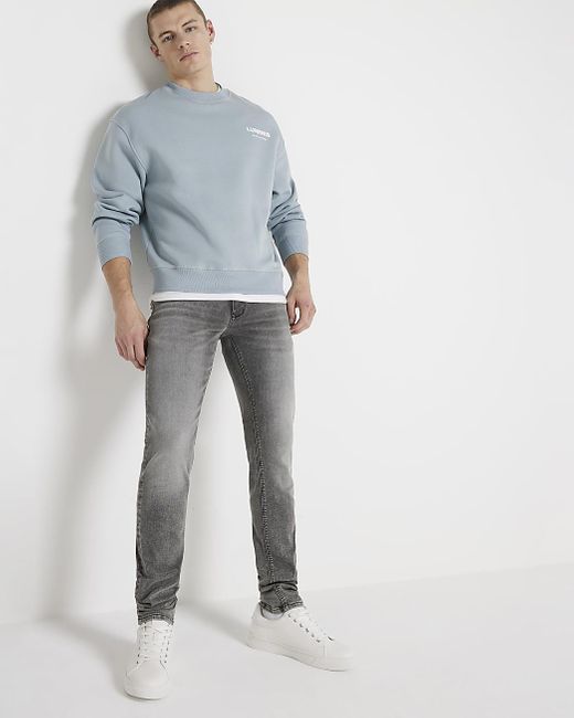 River Island Blue Grey Faded Skinny Fit Jeans for men